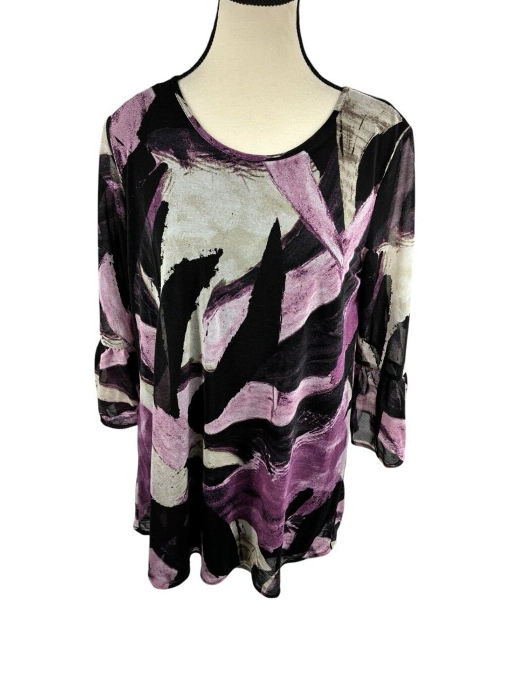 Style & Co Womens Small Abstract Tunic Top Purple Black Lace Back Sheer